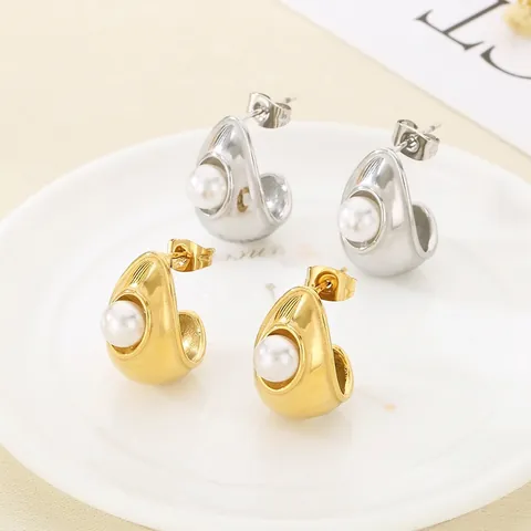Orecchini A Lobo In Acciaio Inossidabile Con Perla Artificial Geometrici A Forma Di C Gioielli Da Donna