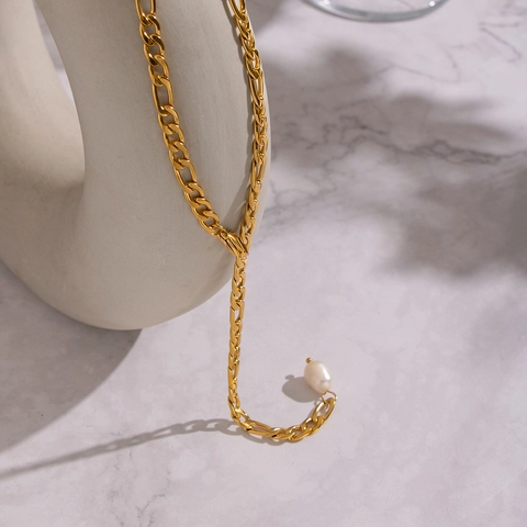 Natural Baroque Freshwater Pearl Pendant Necklace 18K Gold Plated Stainless Steel Figaro Chain Waterproof Jewelry Women