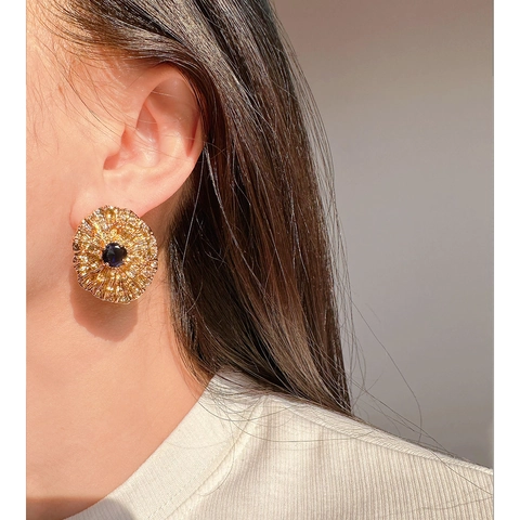 French Vintage Gold Lava Brushed Texture Stud Earrings With Blue Zirconia And 925 Sterling Silver Post Retro Large Earrings For Women