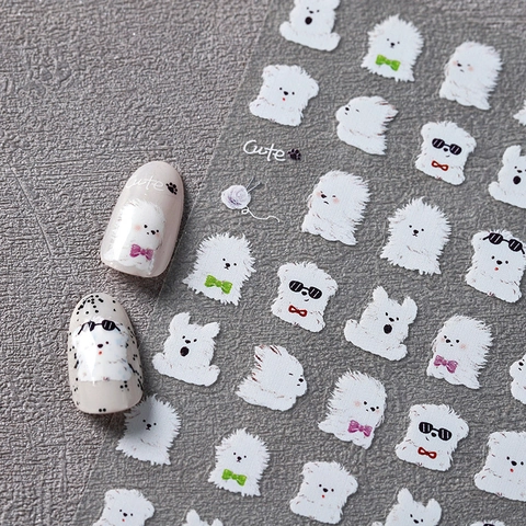 Autocollants Ongles 5D Gaufrés Dessin Animé Chiot Blanc Style Japonais Auto-Adhésif DIY Décalcomanies Mignonnes Pour Filles