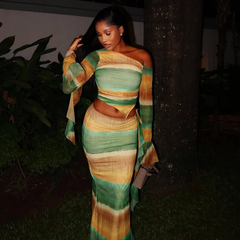 Women Tie Dye Gradient Top And Skirt Long Sleeve Asymmetric Off Shoulder Bodycon Maxi Skirt Polyester Spandex