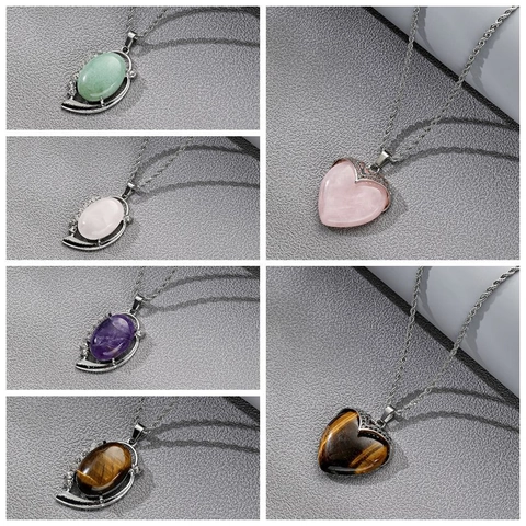 Vintage Heart Natural Stone Pendant Necklace Alloy Twist Chain Retro Amethyst Tiger Eye Jewelry Gift For Women Elegant