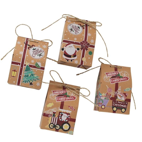Boîtes À Bonbons De Noël En Forme De Maison Papier Kraft Emballage Cadeau Motifs Père Noël Train Avec Corde De Chanvre