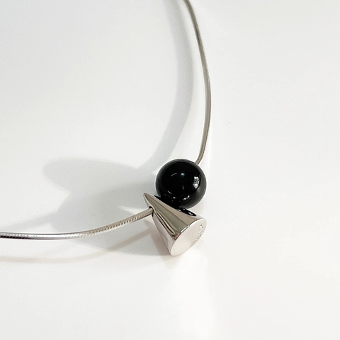 Collana Minimalista In Argento Sterling 925 Con Perla Di Agata Nera E Ciondolo A Cono Geometrico Gioielli Moderni Per Donna