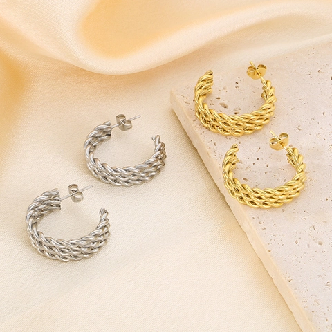 Vintage Französische C-Form Creolen 316L Edelstahl Gedrehtes Geflochtenes Seil Textur Hypoallergener Schmuck Für Frauen