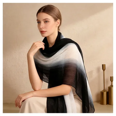 Damen Literarischer Farbverlauf Plissee Maulbeerseidenmischung Schal Dip-Dyed Lang Großer Schal Turban Ethno Vintage Schal