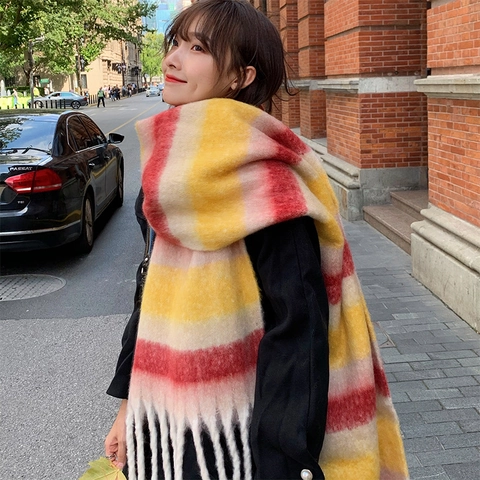 Women's Autumn Winter Warm Imitation Cashmere Scarf Korean Style Striped Tassels Casual Daily Neck Warmer