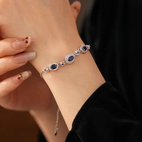 Pulsera Vintage De Circonita Azul Ovalada Para Mujer Joyería De Lujo En Cobre Tono Plateado Estilo Palacio Ajustable