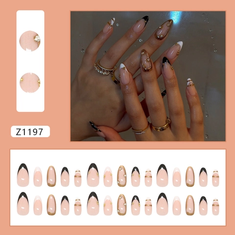 Press On Nägel French Tip Mandelform Vergoldet 3D Strass Schwarz Weiß Elegant Glänzend Lange Künstliche Fingernägel