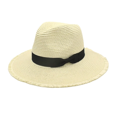 Cappello Fedora Di Paglia Panama Con Fiocco In Nastro Nero Bordo Sfrangiato Tesa Larga Estate Spiaggia Protezione Solare