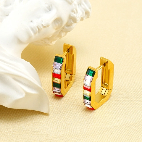Geometric Rectangular Hoop Earrings 18K Gold Plated Stainless Steel Baguette Cut Zircon Modern Jewelry For Women