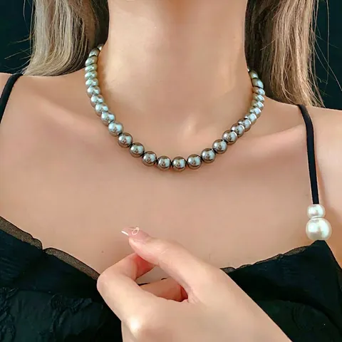 Collar De Perlas Artificiales Degradadas Vintage Francés Para Mujer Elegantes Perlas Artificiales De Imitación Blanco Gris Aleación Cadena De Clavícula