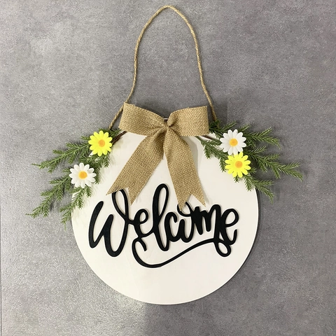 Insegna di Benvenuto in Legno Decorazione Porta D'ingresso Corona di Legno Rustica Con Fiocco in Iuta Margherita Artificiale Decorazione da Parete