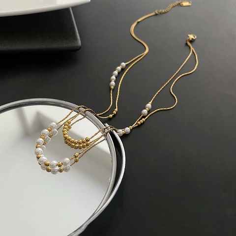 Double Layer Stainless Steel Necklace With Faux Artificial Pearl And Metal Beads Elegant Stackable Clavicle Chain For Women