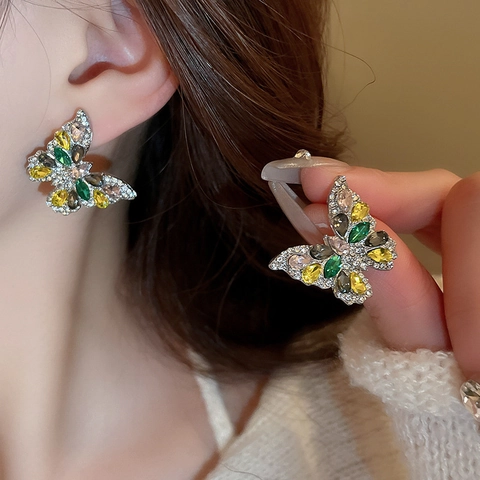 Butterfly Stud Earrings With Alloy Rhinestone And Silver Earring Post Elegant Exquisite Fashion Jewelry For Women
