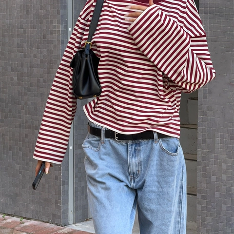 T-Shirt A Maniche Lunghe A Righe Da Donna Poliestere Girocollo Casual Allentata Streetwear Pullover Top Moda