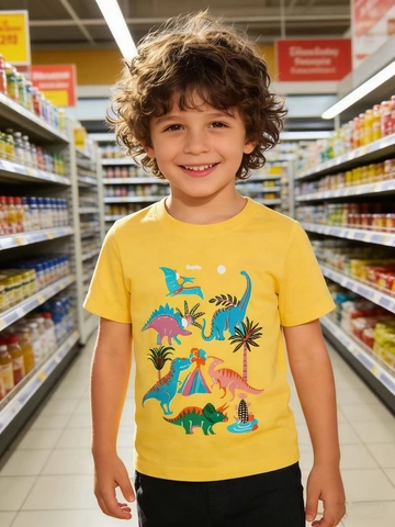 Boys Summer Short Sleeve T-Shirt Cotton Breathable Cartoon Dinosaur Print Yellow Casual Kids Round Neck Top