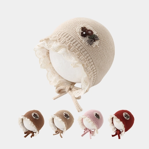 Béguin Bébé Bonnet Tricot Bordure Dentelle Doublure Coton Noeud Fleur Décoration Hiver Chaud Style Princesse