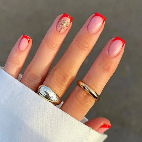 French Style Press On Nails With Red Tips Gold Bow Design Square Oval False Nails For Women Adhesive Tabs Nail File
