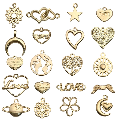Hollow Heart Love Letter Charms Zinc Alloy Star Moon Pendants For DIY Bracelet Necklace Jewelry Making Gold Tone Retro