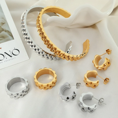Edelstahlschmuck Uhrenarmband Kettenglied Offener Armreif Ring C Förmige Ohrringe Modisch Vergoldet Versilbert Damen Accessoire