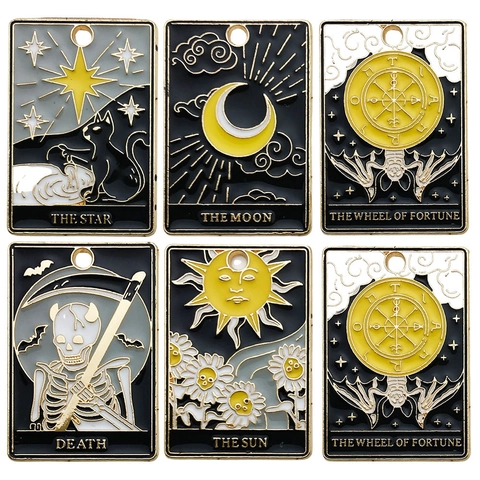 Mystic Tarot Card Alloy Enamel Charms Pendants Sun Moon Star Death Lovers Cat DIY Necklace Keychain Accessories Halloween Gift