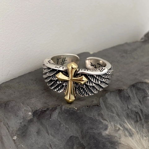 Anello Aperto Con Ali Di Angelo E Croce Vintage Lega Retro Punk Gotico Gioielli Regolabili Per Uomo Unisex
