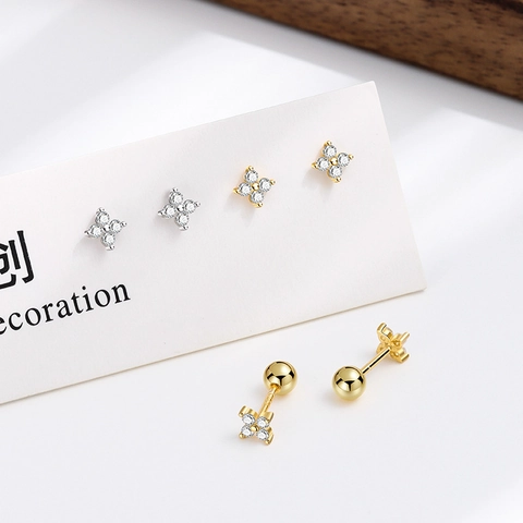 Clover Flower Stud Earrings 925 Sterling Silver Zircon Inlaid Screw Back Round Ball For Women Elegant Minimalist Jewelry