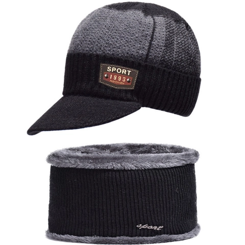 Winter Gebreide Beanie Met Klep En Nekwarmer Fleece Gevoerd Warm Verdikt Winddicht Outdoor Patchwork Sportief Voor Heren Dames