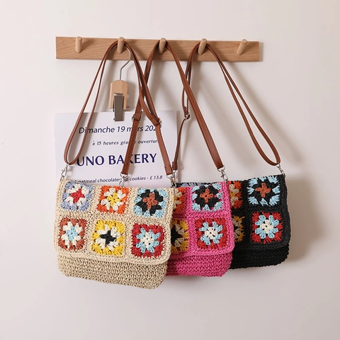 Bohemian Granny Square Häkel Crossbody Strohtasche Damen Vintage Handgefertigte Gewebte Schultertasche Mit Kunstlederriemen