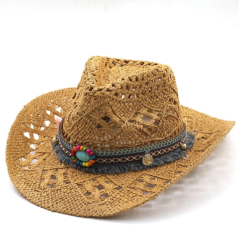 Sombrero De Vaquero De Paja Bohemia Para Mujer Sombrero De Sol Tejido Con Cuentas De Turquesa Borlas