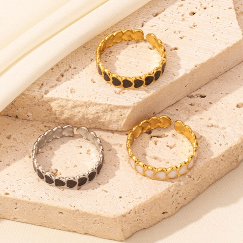 Bague Ouverte Cœur en Acier Inoxydable 304 Minimaliste Émail Goutte d'Huile Ajustable Bijoux Géométriques Cadeau pour Femme