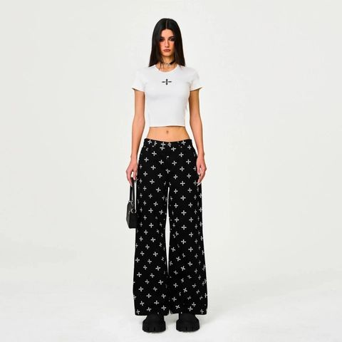 T-shirt Crop Top Donna Cotone Vestibilità Aderente Maniche Corte Girocollo Stampa Croce Stile Urbano Y2K Estate