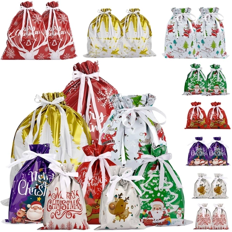 Christmas Gift Bags Drawstring Plastic Wrapping Pouch Santa Reindeer Pattern Holiday Party Candy Favors Waterproof