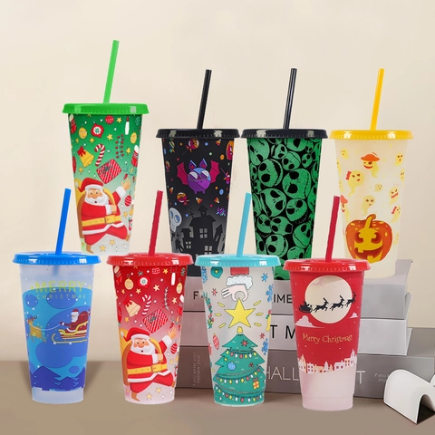 Bicchiere Freddo in Plastica Cambia Colore Bicchiere Riutilizzabile Con Cannuccia E Coperchio Tema Festivo Articoli Da Bevanda Per Festa