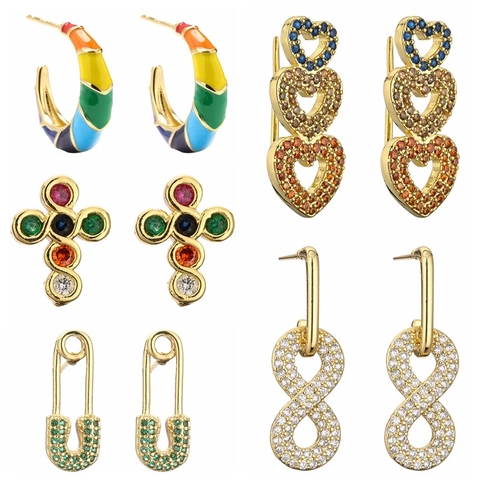 Orecchini A Lobo Zircone Colorato Rame Placcato Oro Croce Serpente Cuore Infinito Gioielli Moda Donna