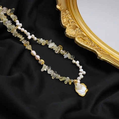 Barock Süßwasserperle Citrin Perlenkette Elegant Vintage Handgefertigt Legierung Anhänger Pulloverkette Schmuck Für Damen