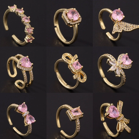 Sweet Pink Zircon Adjustable Ring Copper Gold Plated Bow-knot Heart Geometry Jewelry For Women Elegant Gift