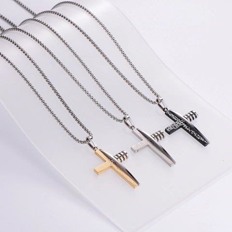 Hip Hop Cross Pendant Necklace 316L Stainless Steel Crack Texture Double Layer Punk Gothic Jewelry For Men Women