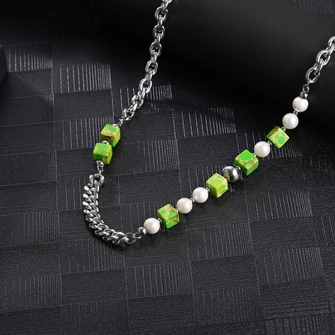 Hip Hop Splicing Necklace Stainless Steel With Green Natural Stone Cube And White Artificial Pearl Streetwear Jewelry For Men Women