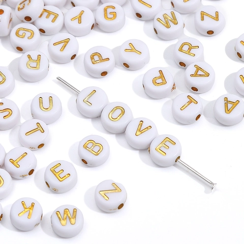 Flache Runde Alphabet Buchstaben Perlen Acryl Gold Auf Weiß Für DIY Schmuckherstellung Armband Halskette Handwerk