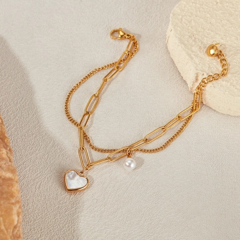 Pulsera de Doble Capa de Acero de Titanio con Corazón de Nácar y Perla Artificial Joyería de Moda para Mujer