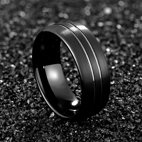 Anillo De Carburo De Tungsteno Negro Superficie Cepillada Detalles Ranurados Joyería Minimalista Hombres Banda Pulida Espejo