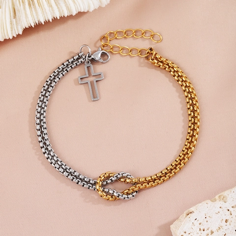 Edelstahl Doppelreihiges Box Kette Armband Mit Kreuz Anhänger Knoten Design Taufe Geschenk Für Herren Damen