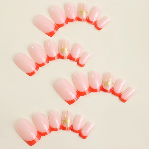 French Style Press On Nails With Red Tips Gold Bow Design Square Oval False Nails For Women Adhesive Tabs Nail File