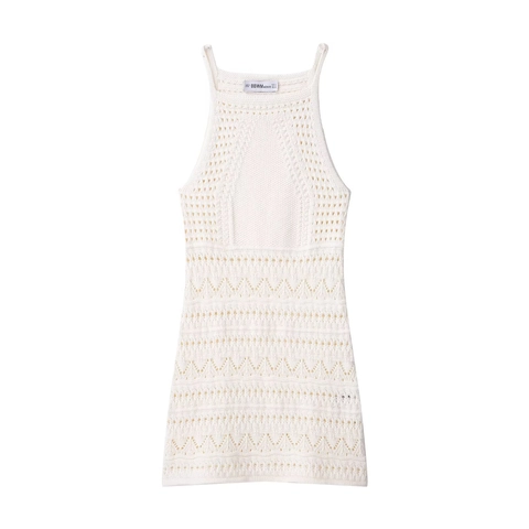 Minikleid Halterneck Gehäkelt Strick Hohl Aus V Ausschnitt Ärmellos Einfarbig Elegant Mode Für Damen