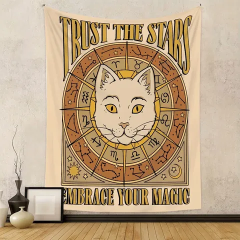 Cat Tarot Tapestry Polyester Mystical Astrology Wall Hanging For Bedroom Living Room Home Decor Retro Aesthetic Design