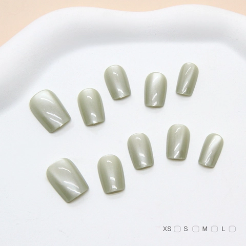Ongles À Presser Vert Sauge Effet Oeil De Chat Brillant Fait Main Élégant Manucure Pour Femmes