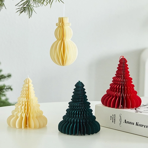 Christmas Honeycomb Paper Ornaments Xmas Tree Hanging Decorations Snowman Bell Candy Shapes Festive Party Scene Layout
