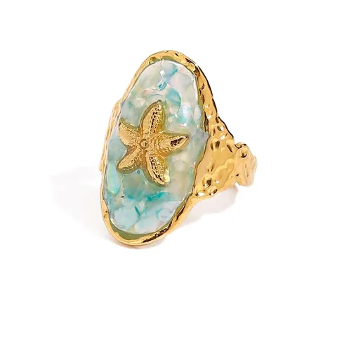 Anillo Abierto Con Tema De Océano De Estrella De Mar Acero Inoxidable Chapado En Oro Textura Nácar Acabado Martillado Joyería